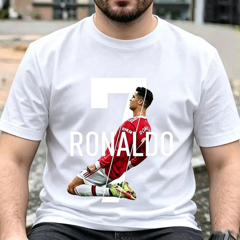 Men's 100% Cotton C Ronaldo Graphic T-Shirt - Short-Sleeve Round Neck Streetwear Clothes, Stylish Casual Sports Top, Spring-Fall Outdoor Essential, Comfortable Birthday Gift