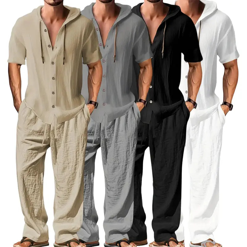 Men's 2-Piece Linen Washed Athletic Set - Stylish Plain Hooded Drawstring Sweatshirt, Loose Breathable Thin Fabric Wide-Leg Pants, Black + White Shortsleeve Casual Summer Menswear Sets, Men's 2 Piece Sets