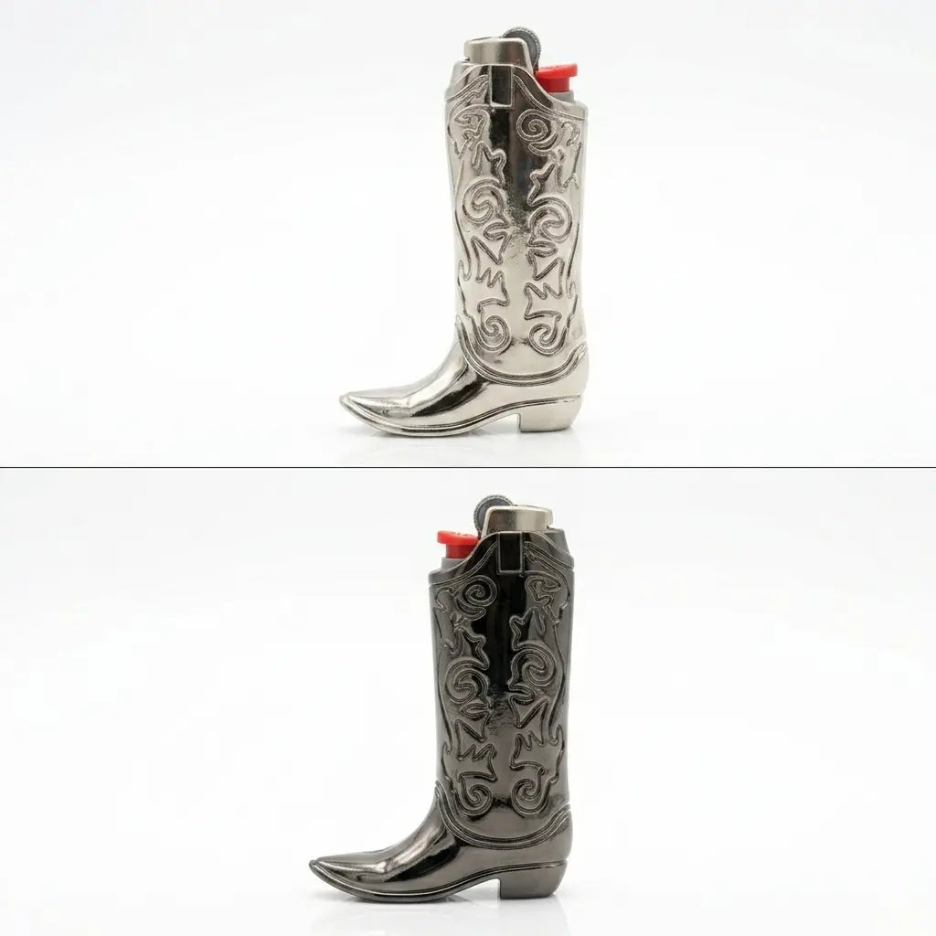 Silver Metal Cowboy Boot Lighter Case - Accessory for Mini Bic J5, Stylish Lighter Cover, Ideal for Home or Everyday Carry, Lighter Covers