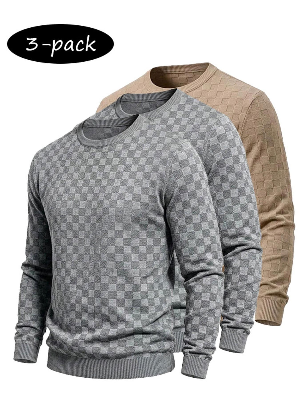 4-Pack Men's Plaid Knit Sweatshirts, Textured Grid Pattern Long Sleeve, Soft Lightweight Casual Top, Ideal for Fall Winter Streetwear