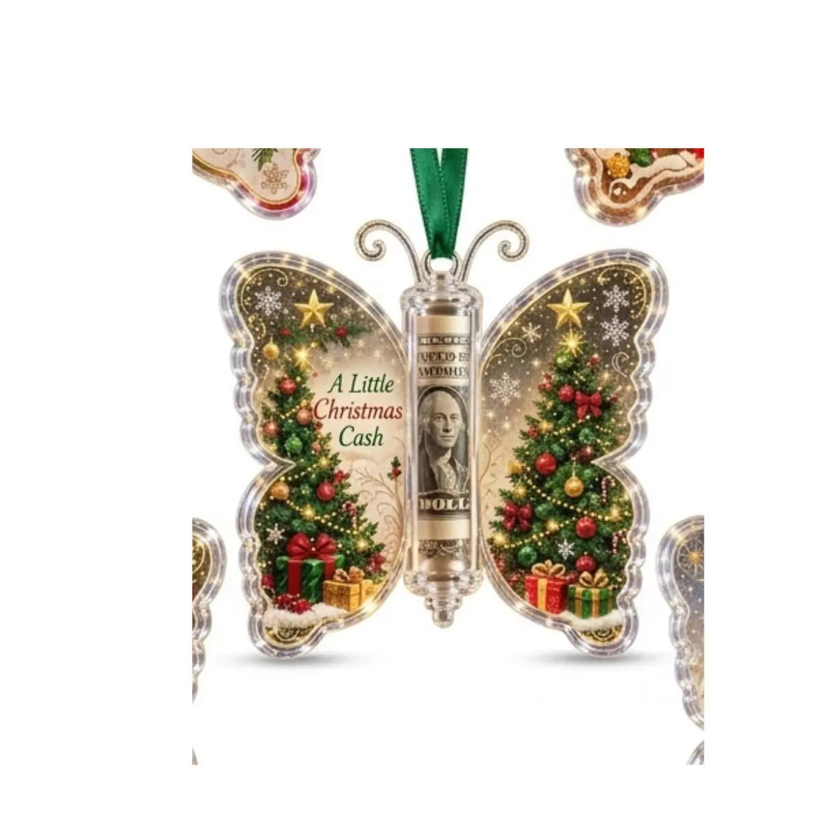 Christmas Cash Gift Ornament - Butterfly Money Holder with Acrylic (5Pcs/1 Set) Clear cash display with transparent holder, a creative Christmas gift idea for holiday tree hanging ornament decor (Peel Off Protective Film for Crystal Clear View)
