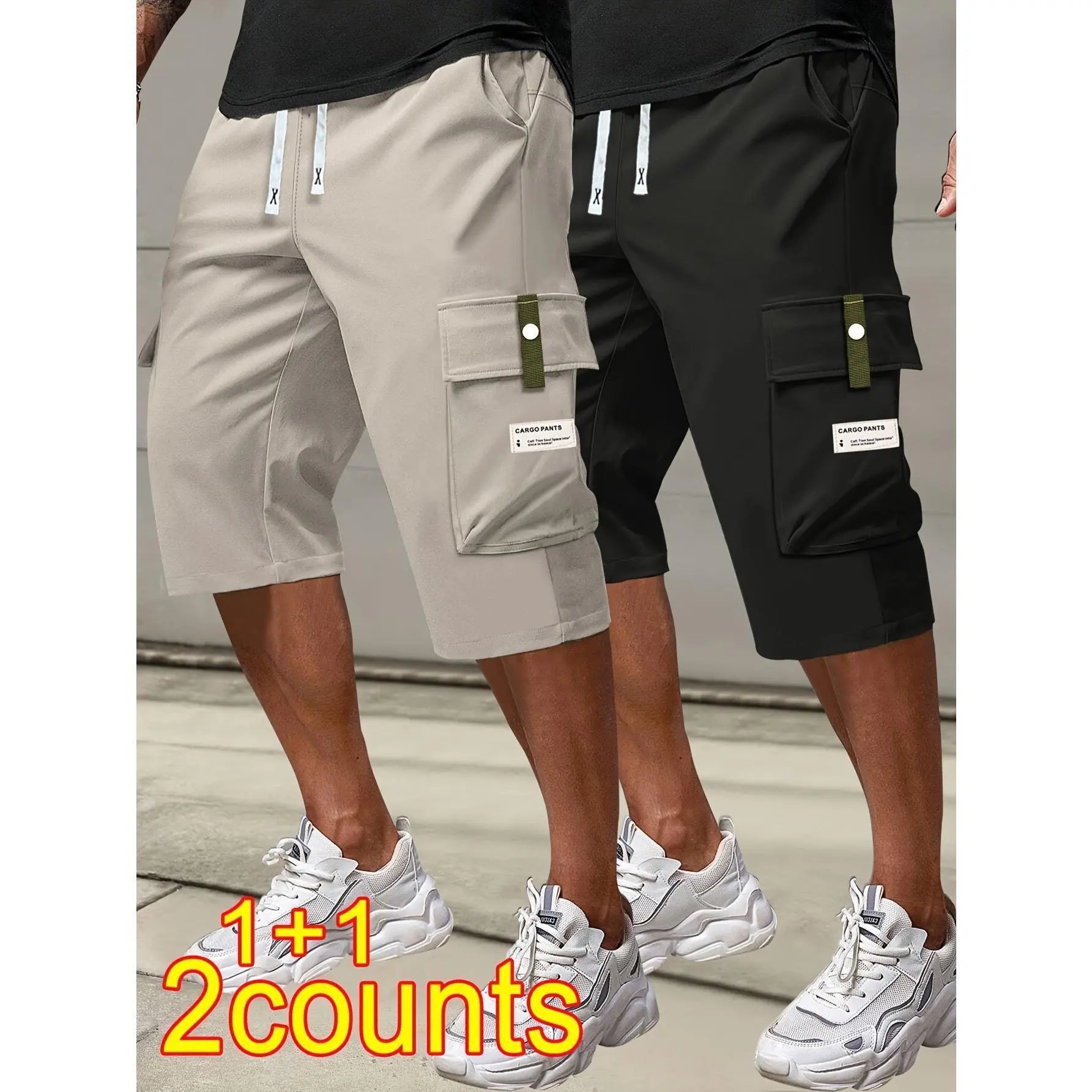 Men's Plus Size Cargo Shorts - Elastic Drawstring Waist & Multi-Pockets