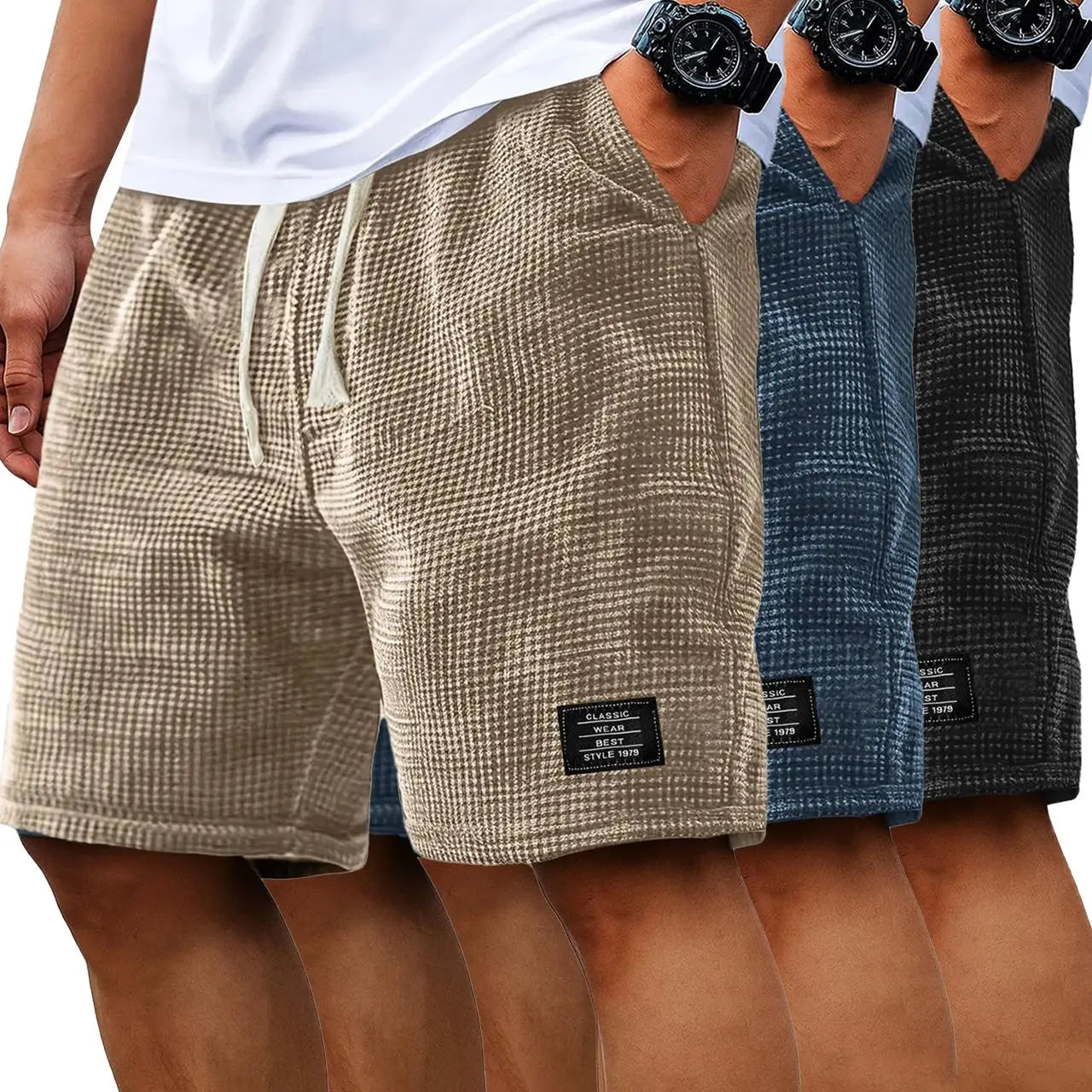 Men's 2-Pack Waffle Casual Shorts (Loose Fit, Solid Color)