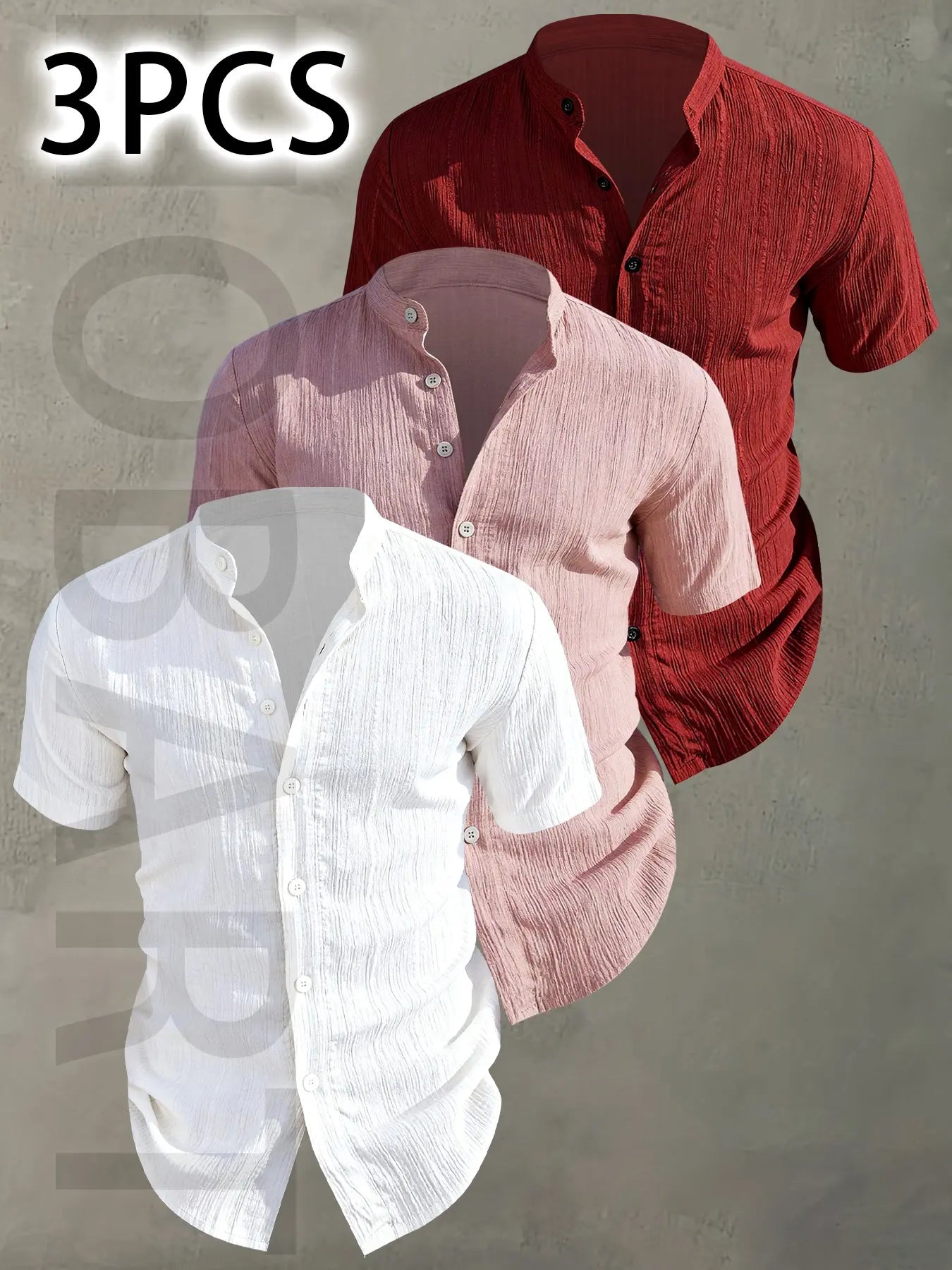 3pcs Men's Summer Lightweight Casual Button-Up Shirts with Stand Collar
