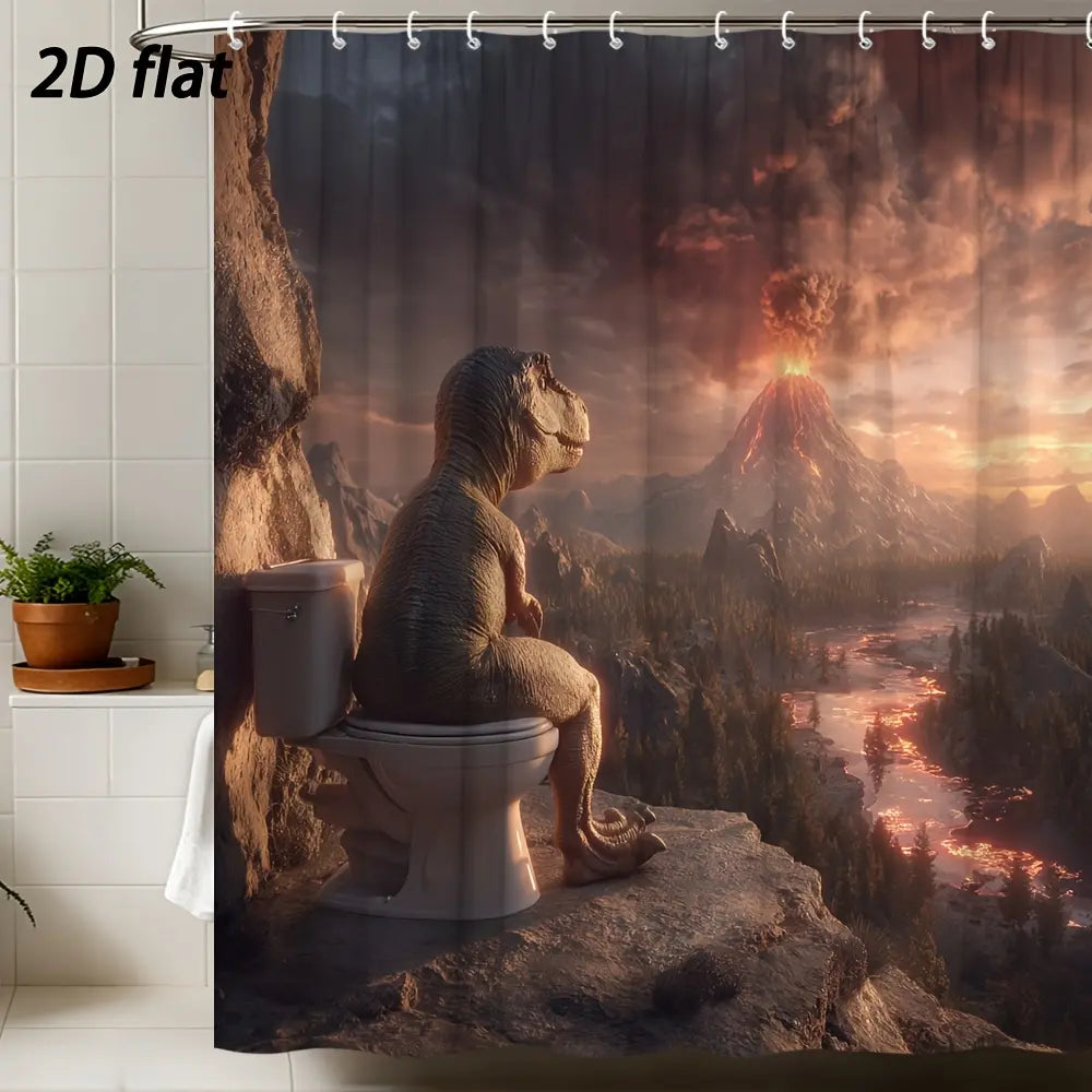 PAUSEBOLL [Back to School] Funny Peach-Patterned Waterproof Polyester Dinosaur Shower Curtain, Bathroom Decor with T-Rex on Toilet & Volcano Backdrop, Includes Hooks, Great Gift for Animal Lovers