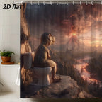 PAUSEBOLL [Back to School] Funny Peach-Patterned Waterproof Polyester Dinosaur Shower Curtain, Bathroom Decor with T-Rex on Toilet & Volcano Backdrop, Includes Hooks, Great Gift for Animal Lovers
