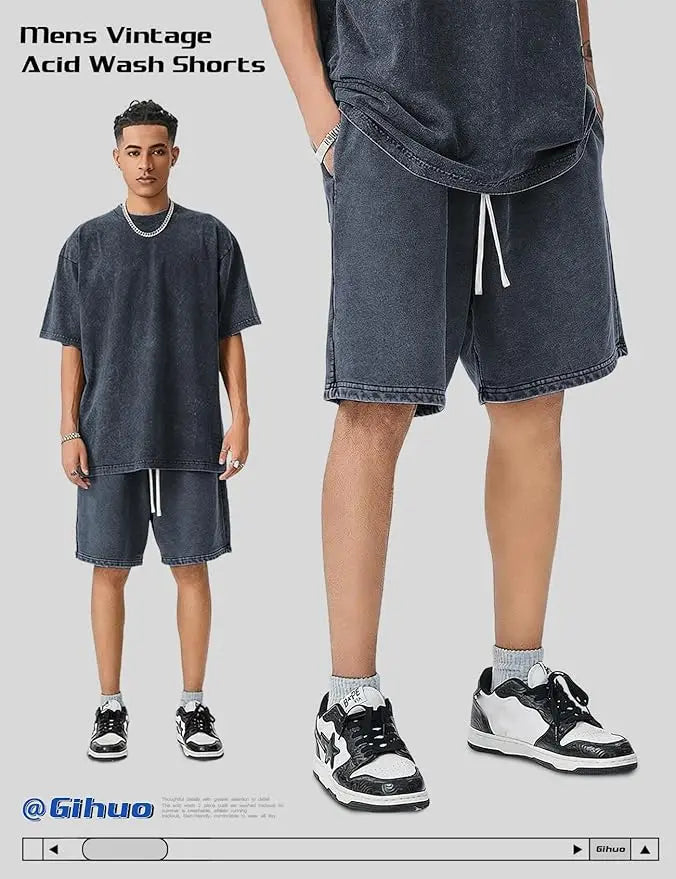 Gihuo Mens Unisex Sweat Shorts Cotton Athletic Shorts Vintage Acid Wash Elastic Waist Drawstring Workout Shorts with Pockets Womenswear Basic Bottom Casual Minimalist