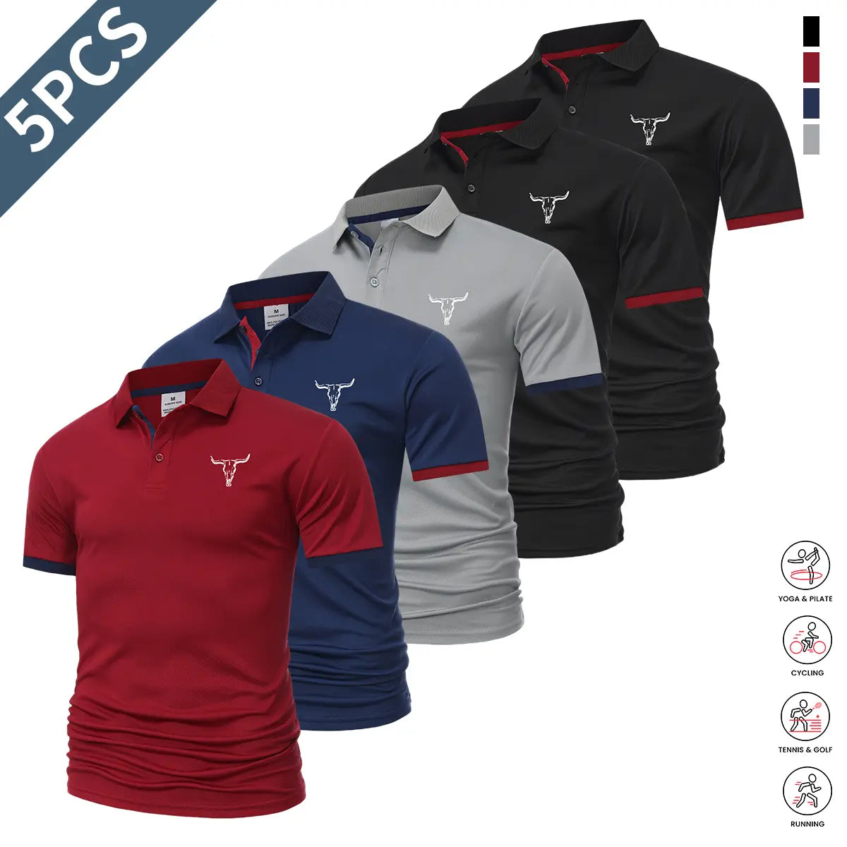 5-piece set: casual men’s short-sleeve polo shirt, quick-dry golf and tennis shirts, comfortable riding apparel, fashionable men’s sportswear; suitable for casual gatherings and holiday travel; contrast design at the neckline and sleeves.
