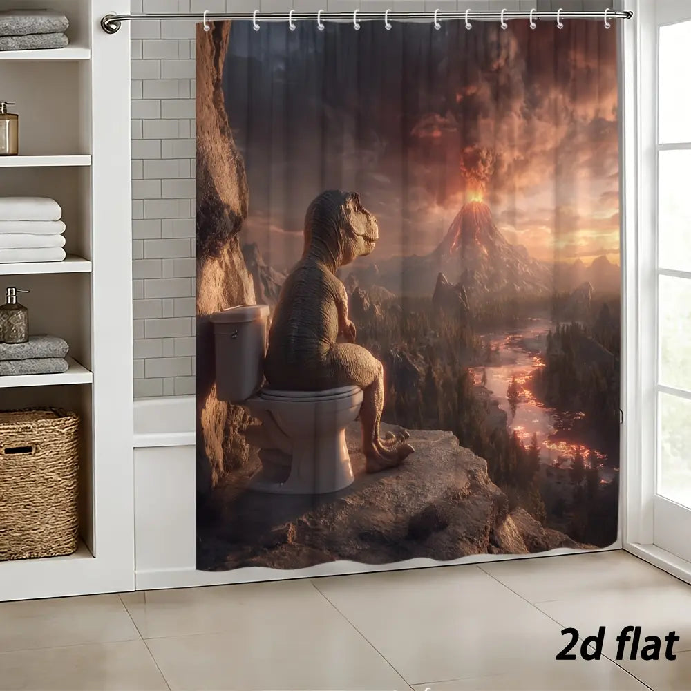 PAUSEBOLL [Back to School] Funny Peach-Patterned Waterproof Polyester Dinosaur Shower Curtain, Bathroom Decor with T-Rex on Toilet & Volcano Backdrop, Includes Hooks, Great Gift for Animal Lovers