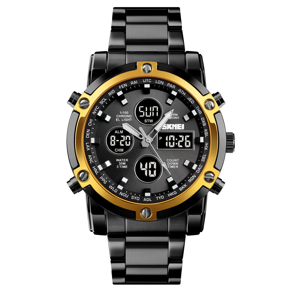 SKMEI Luxe Men's Casual Trendy Wristwatch - 2-Tone Stainless Steel Analog-Digital, 3 Time Zones, Illuminated Screen, Backlight, Alarm, Waterproof Chronograph Watch, Birthday Gift for Him