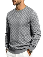 Men's Textured Checkered Knit Sweatshirt, Crew Neck Long Sleeve, Soft Lightweight Casual Top, Minimalist Fall/Winter Knitwear