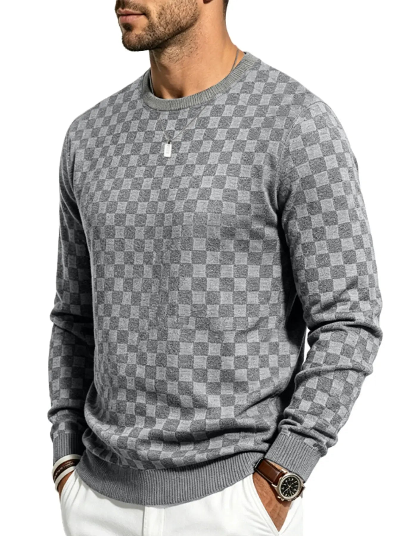 Men's Textured Checkered Knit Sweatshirt, Crew Neck Long Sleeve, Soft Lightweight Casual Top, Minimalist Fall/Winter Knitwear