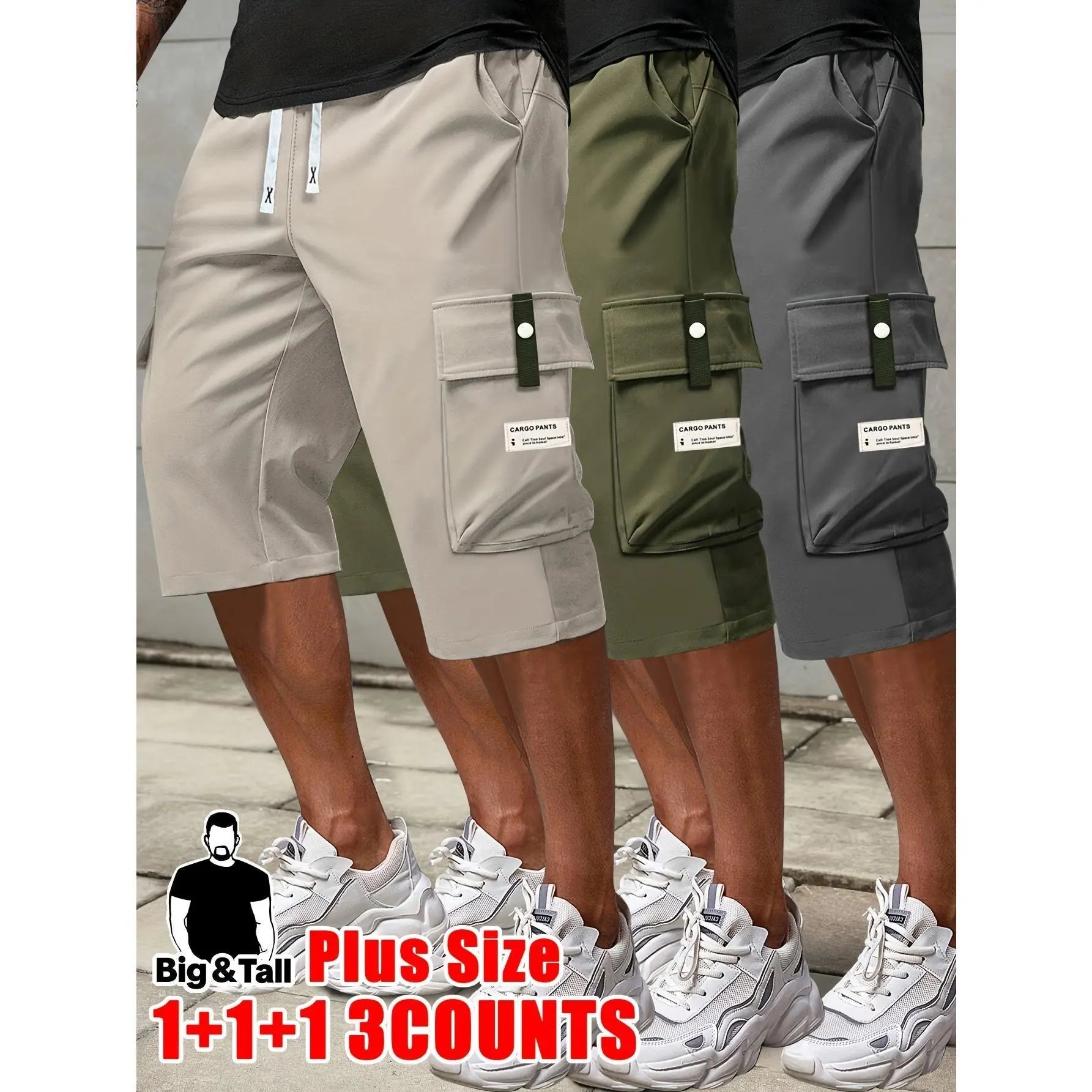 Men's Plus Size Cargo Shorts - Elastic Drawstring Waist & Multi-Pockets