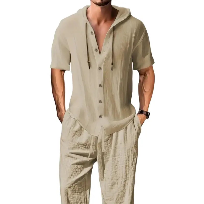 Men's 2-Piece Linen Washed Athletic Set - Stylish Plain Hooded Drawstring Sweatshirt, Loose Breathable Thin Fabric Wide-Leg Pants, Black + White Shortsleeve Casual Summer Menswear Sets, Men's 2 Piece Sets