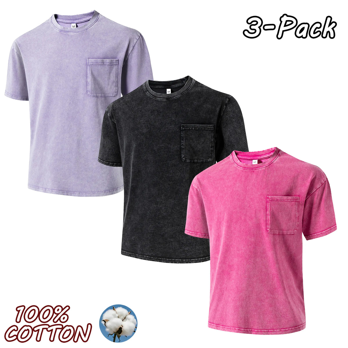4-pack men’s 100% pure cotton vintage washed T-shirts for couples, casual fashion that matches any outfit—new unisex crew-neck short-sleeve tops suitable for outdoor sports, everyday wear, and street outings.
