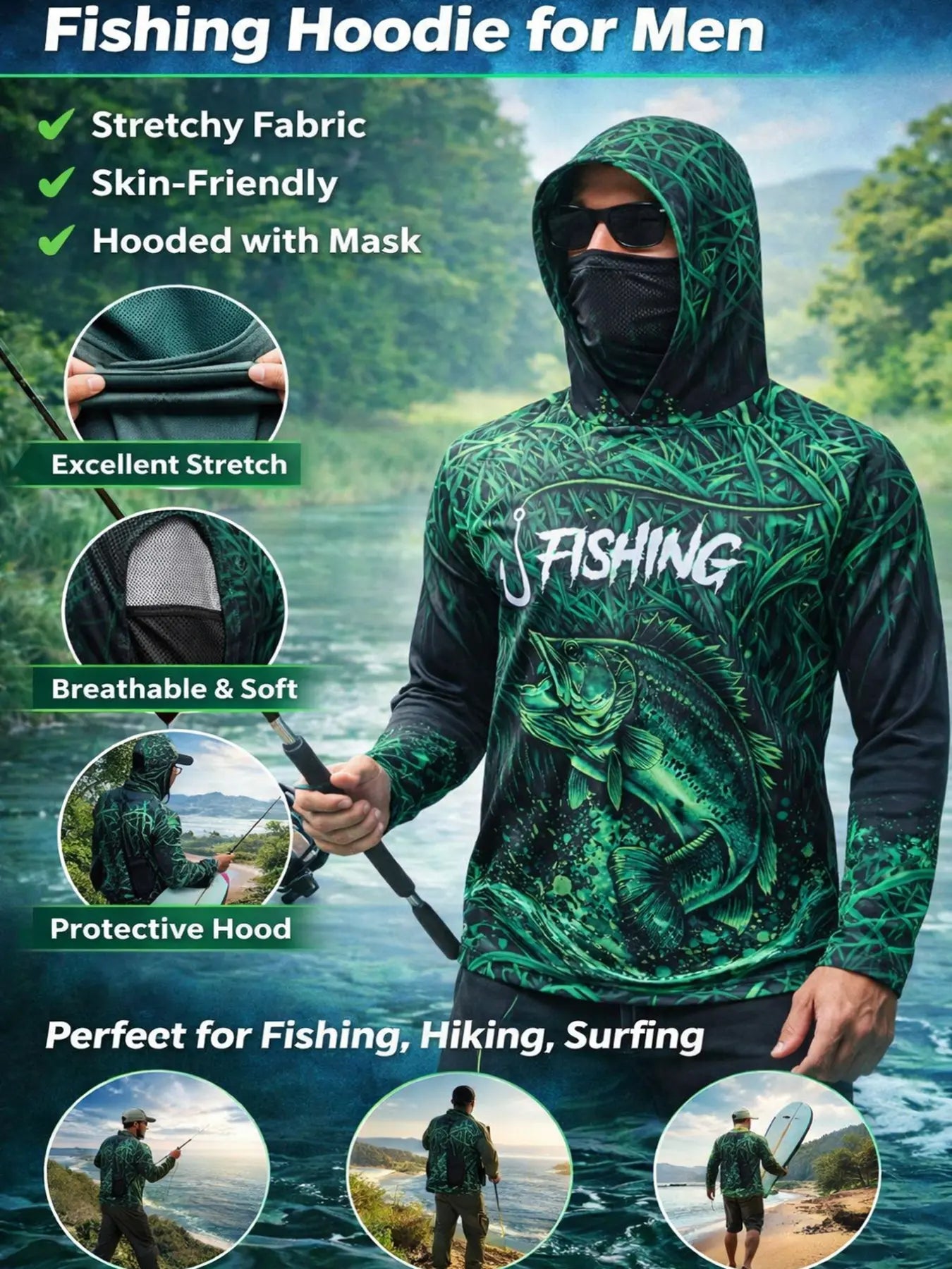 Men's Long Sleeve Hooded Fishing Shirt with Face Mask, Gradient Color Outdoor Fishing Clothing