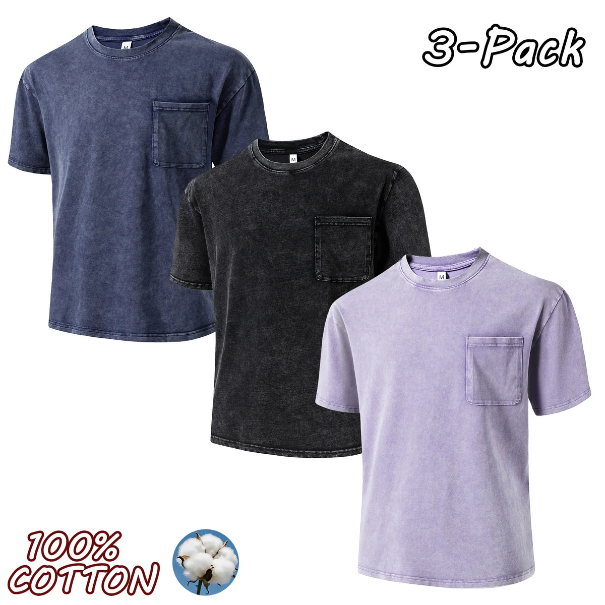 4-pack men’s 100% pure cotton vintage washed T-shirts for couples, casual fashion that matches any outfit—new unisex crew-neck short-sleeve tops suitable for outdoor sports, everyday wear, and street outings.