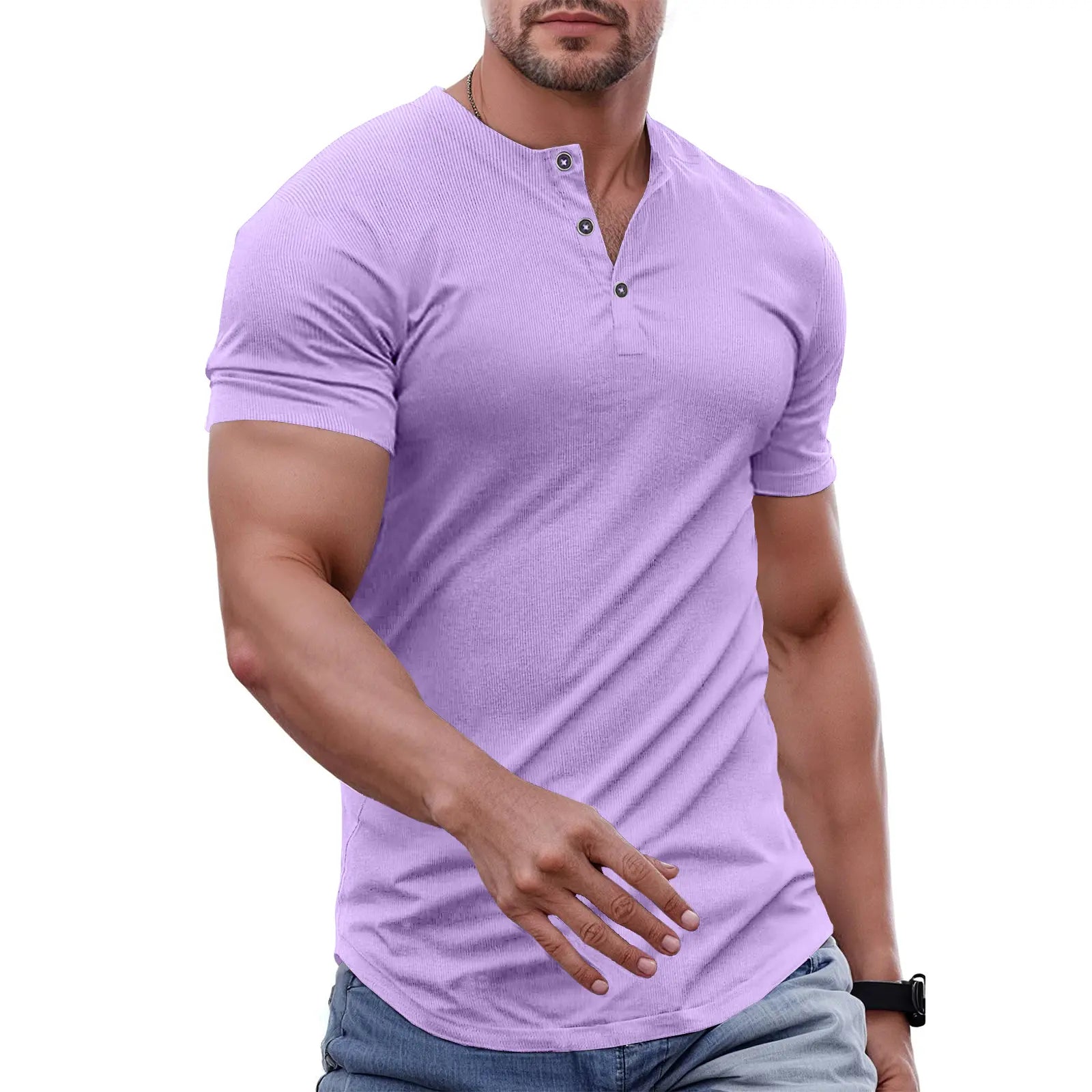 Men's Slim Fit Henley Athletic Longline Workout T-Shirt Heavyweight Stretch