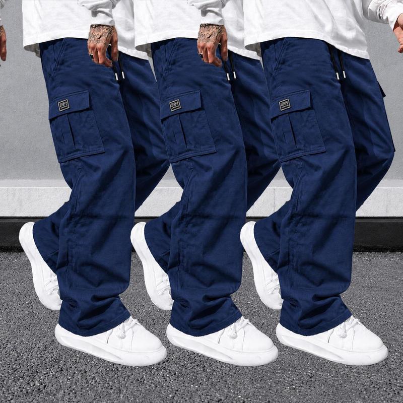 URMCZ Men's 3-Pack Basic Menswear Plain Cargo Pants, Wide Leg Elastic Belt Loose Work Trousers with Pockets, Comfortable Day Outdoor Hiking Bottoms