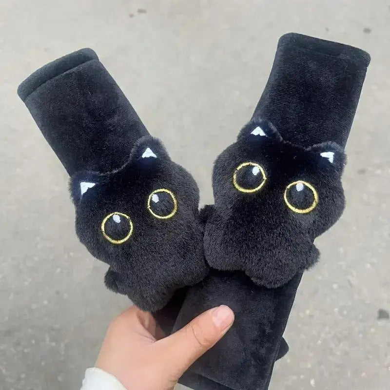 Cute Black Cat Seat Belt Cover, Soft Plush Shoulder Pad Car Accessory