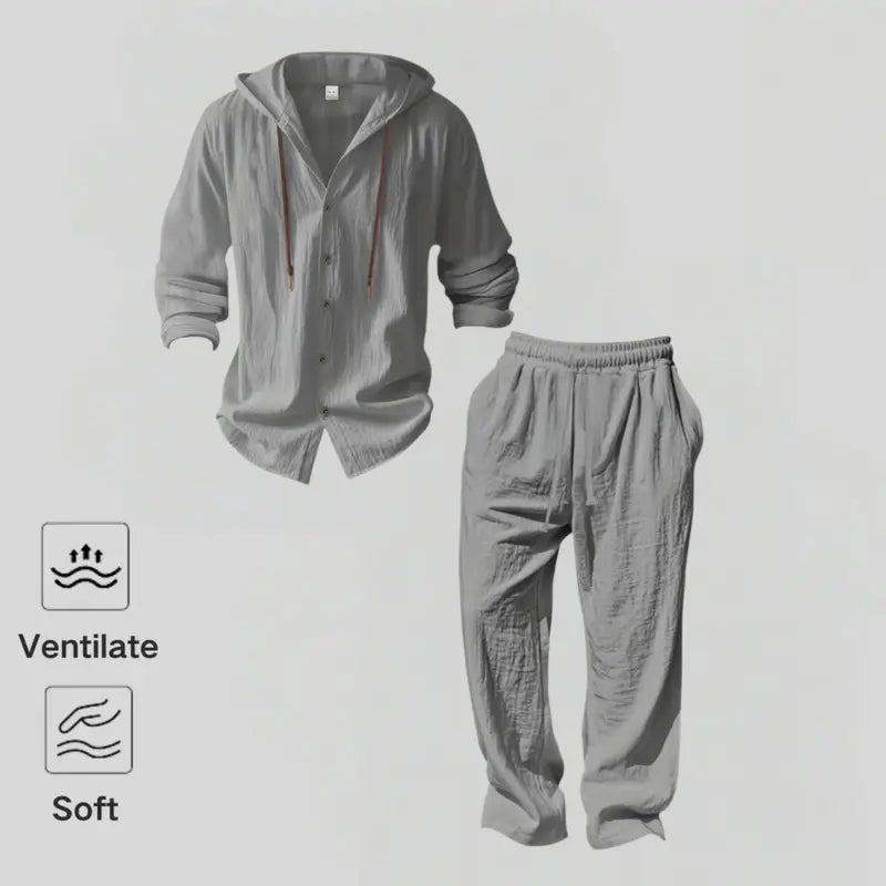 2-Piece Set Men's lightweight Trendy Hooded，Made From Soft Linen，Casual Vacation Style, Loose Fit Breathable Fabric,Long Hoodie & Wide-Leg Pants, Summer Wear outdoorfun Sweatshirt Clothes Fashion Trouser