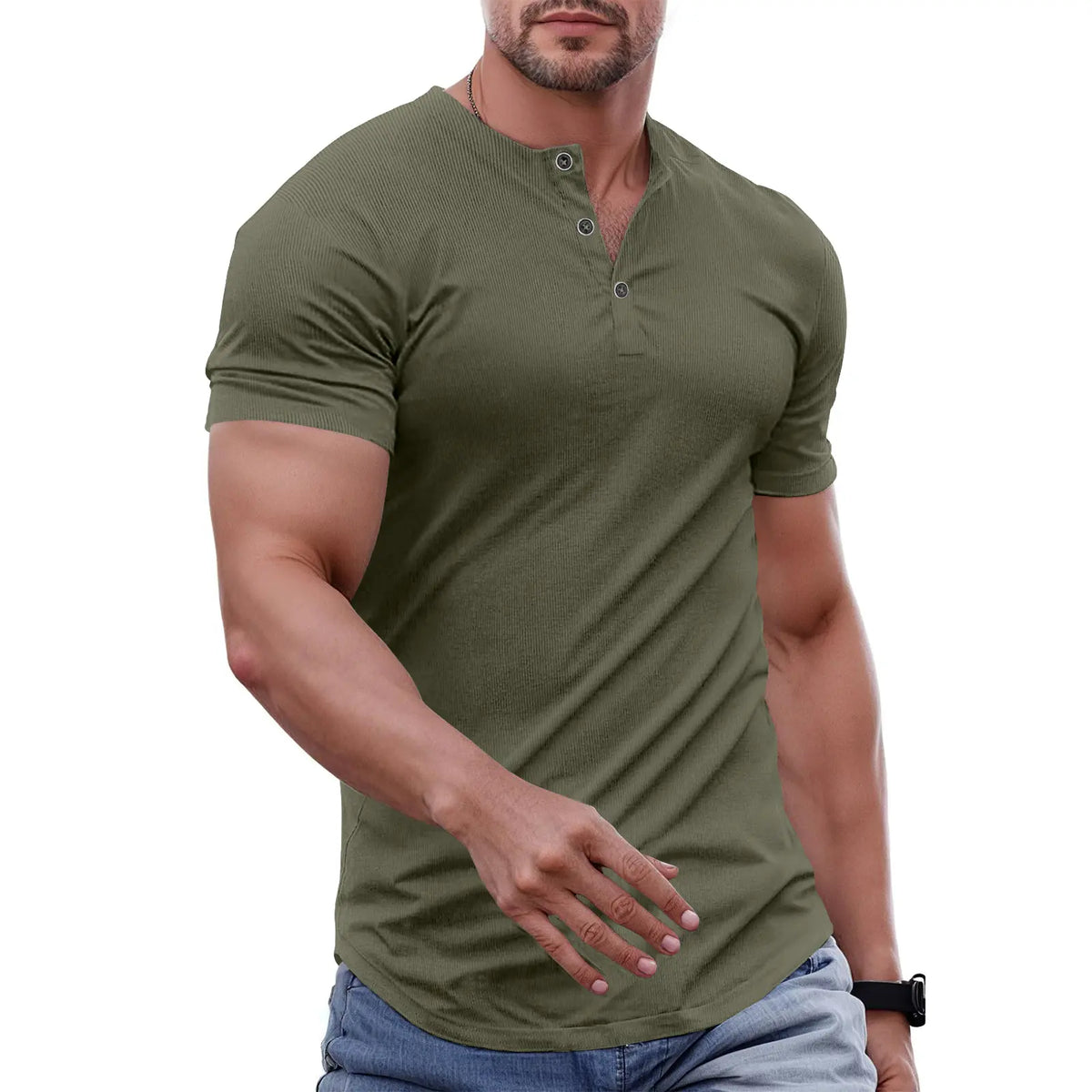 Men's Slim Fit Henley Athletic Longline Workout T-Shirt Heavyweight Stretch