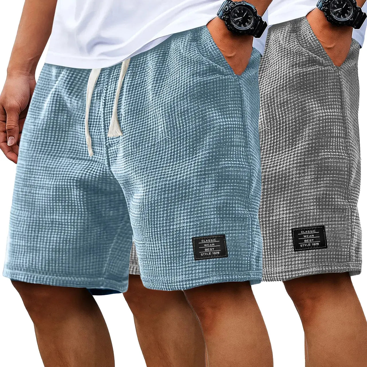 Men's 2-Pack Waffle Casual Shorts (Loose Fit, Solid Color)