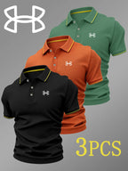 Men's Luxury Golf Polo Shirt Set, 3-Pack, Durable Collared Short-Sleeve Polos with Logo Print, Breathable Stretchy All-Season Casual Wear