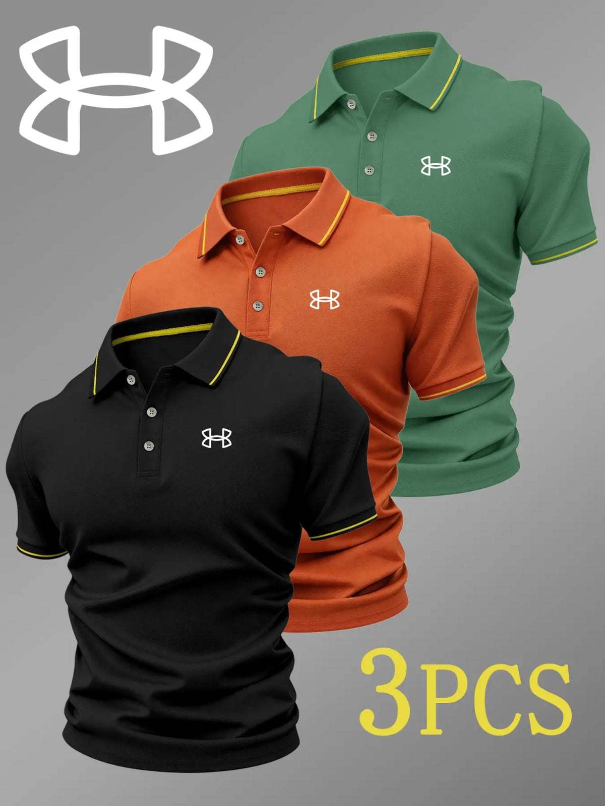 Men's Luxury Golf Polo Shirt Set, 3-Pack, Durable Collared Short-Sleeve Polos with Logo Print, Breathable Stretchy All-Season Casual Wear