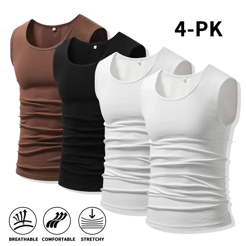 Men 4Pack Cotton Muscle Tank Tops Comfort Stretchy Breathable Summer Workout Sleeveless Sports Undershirts (optional sets of 4 or 2) High Elasticity Lifestyle Beater