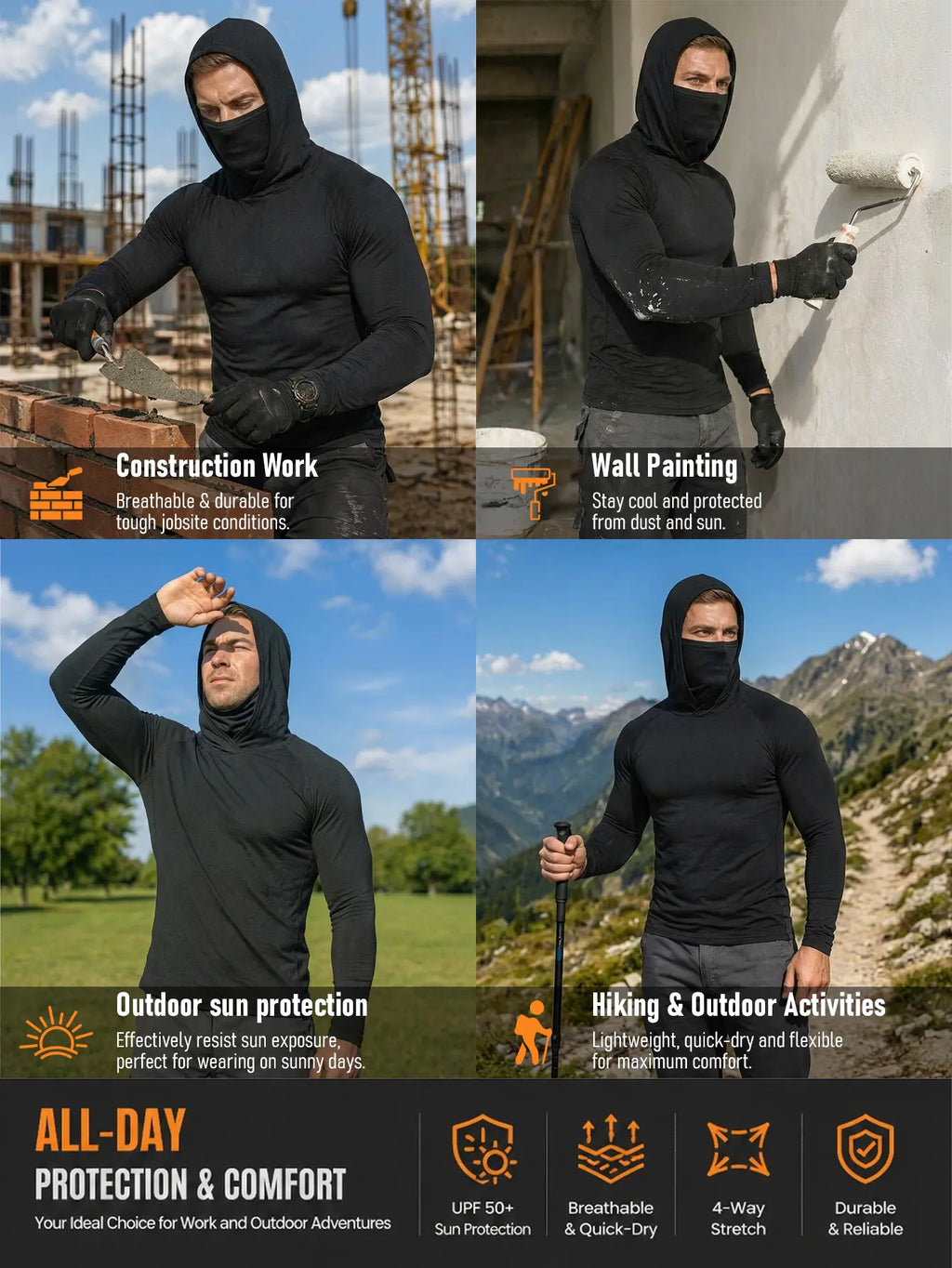 Men's Quick-Dry Hooded Sun Shirts with Mask (3/6 Pack)