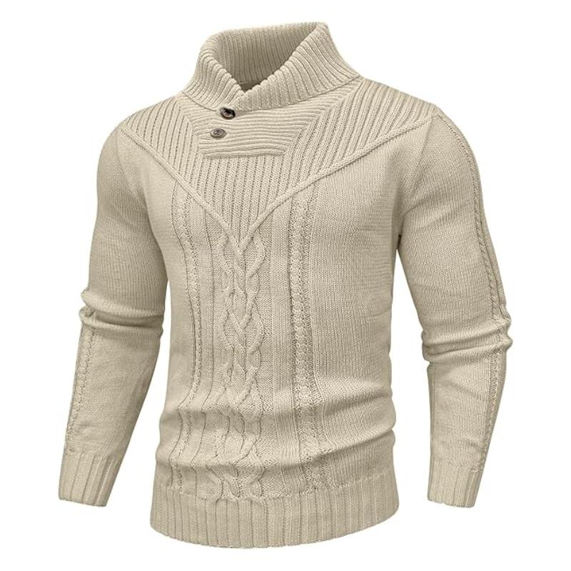 Men's Shawl Collar Cable Knit Pullover Sweater with Button Detail and Long Sleeves for Winter