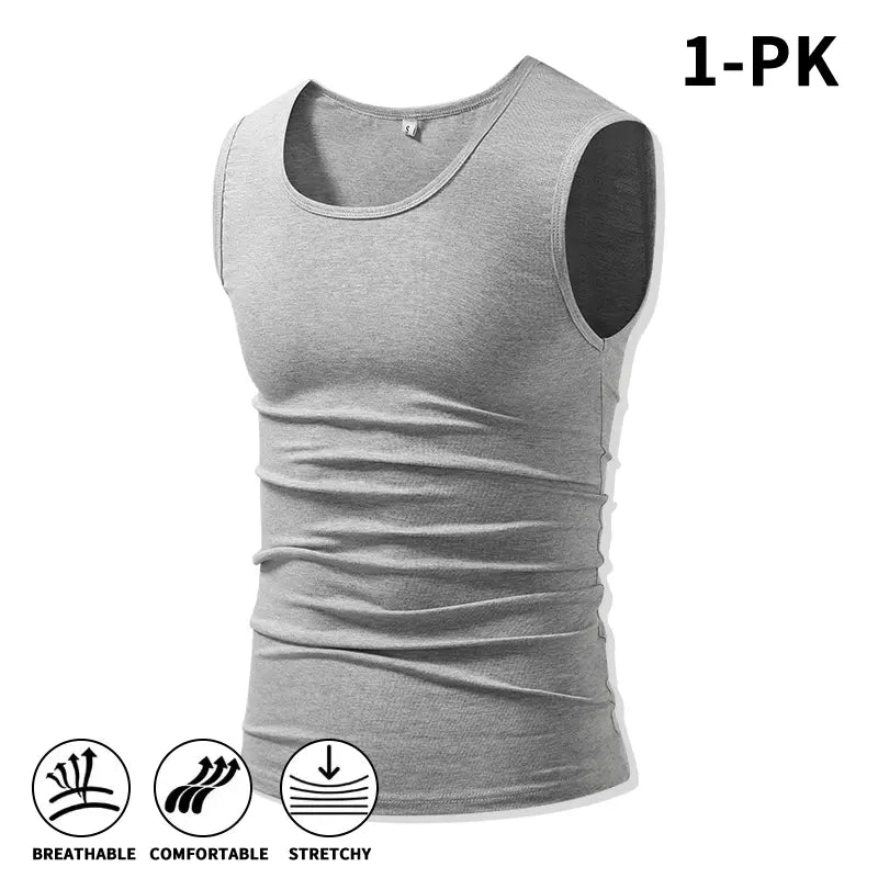 Men 4Pack Cotton Muscle Tank Tops Comfort Stretchy Breathable Summer Workout Sleeveless Sports Undershirts (optional sets of 4 or 2) High Elasticity Lifestyle Beater