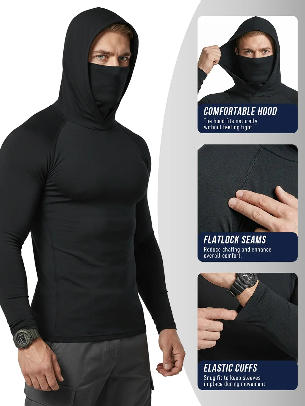 Men’s hooded sports tops available in sets of 6 or 3, featuring a mask design, high-stretch quick-dry fabric, sun protection and breathability—ideal for outdoor activities, fishing, and working outdoors in sunny conditions.