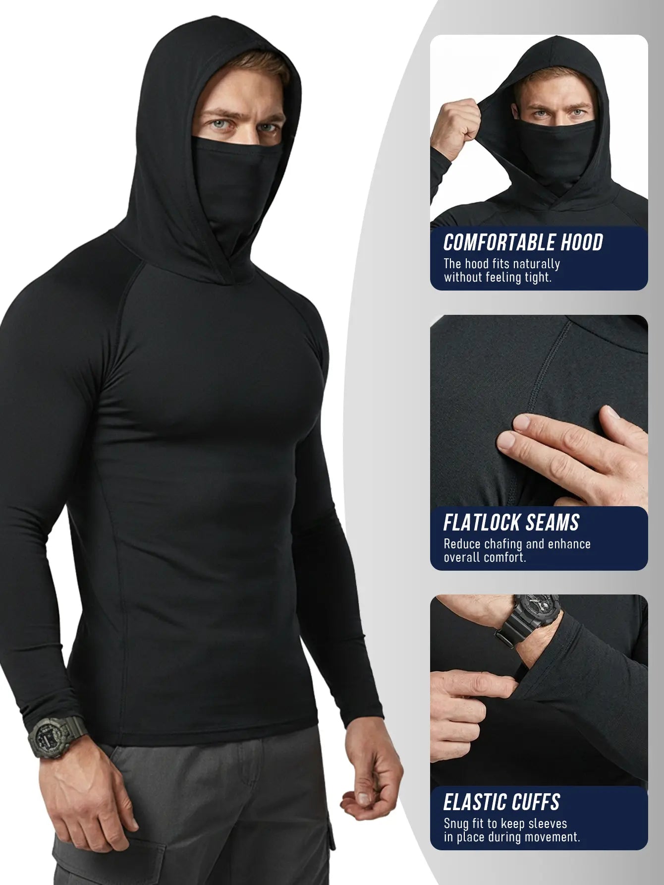 Men’s hooded sports tops available in sets of 6 or 3, featuring a mask design, high-stretch quick-dry fabric, sun protection and breathability—ideal for outdoor activities, fishing, and working outdoors in sunny conditions.