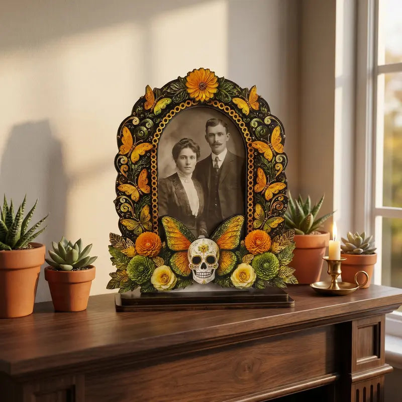 Traditional Día de los Muertos Wooden Picture Frame - Mexican Altar Tabletop Display, Multi-Style Photo Holder with Skulls/Marigolds, Indoor Recreation Home Decor