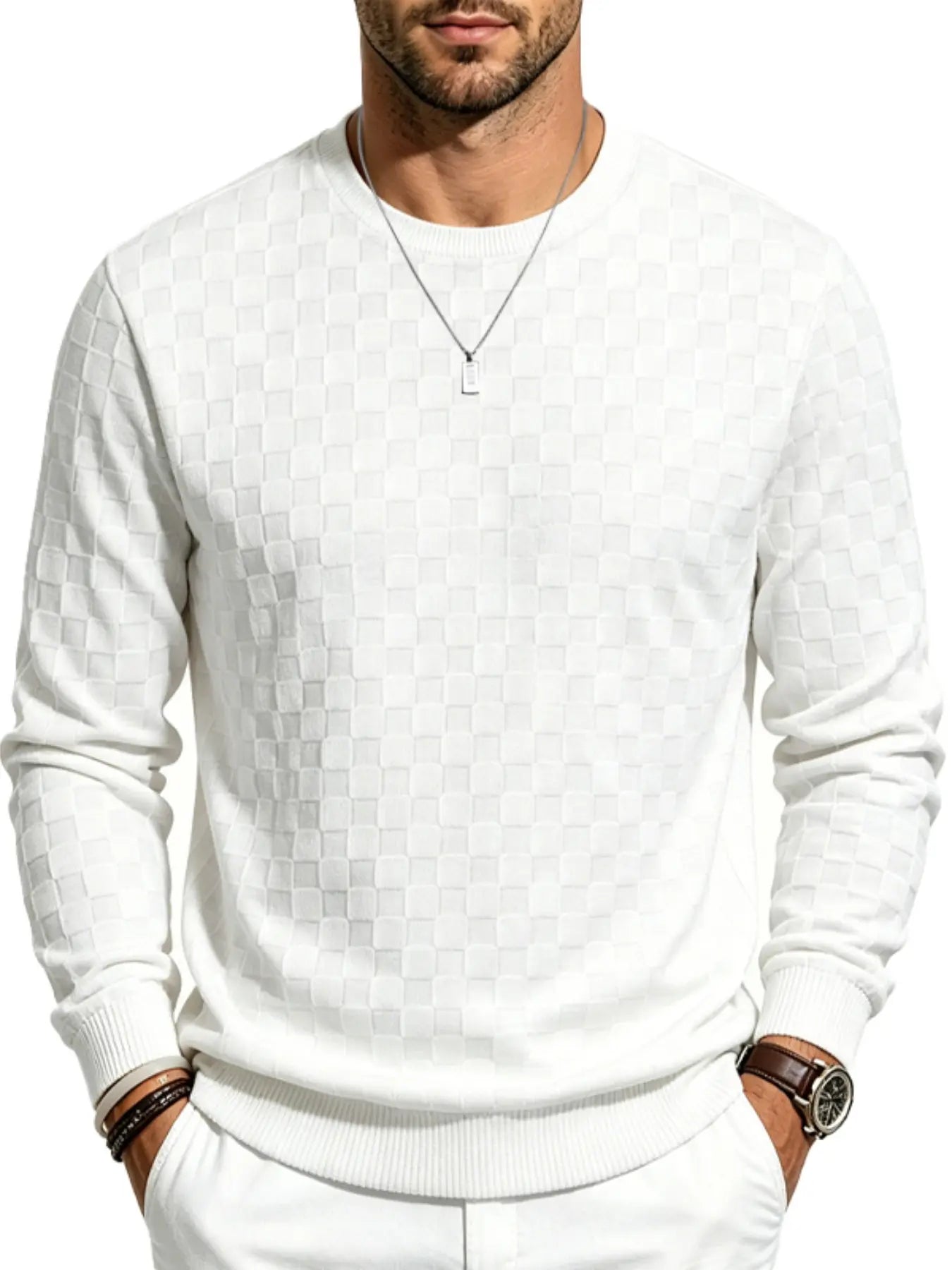 Men's Textured Checkered Knit Sweatshirt, Crew Neck Long Sleeve, Soft Lightweight Casual Top, Minimalist Fall/Winter Knitwear