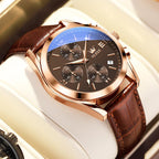 OLEVS Men's Chronograph Watch with Leather Strap, Luminous Hands and Gold Case for Daily Wear