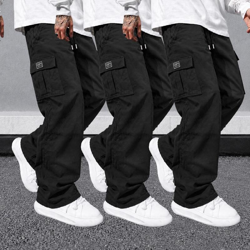 URMCZ Men's 3-Pack Basic Menswear Plain Cargo Pants, Wide Leg Elastic Belt Loose Work Trousers with Pockets, Comfortable Day Outdoor Hiking Bottoms