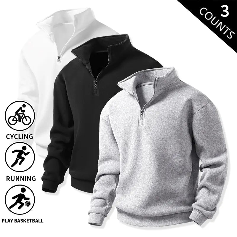 Men’s 3-Pack Quarter-Zip Fleece Sweatshirts, Soft Stand-Collar Loose-Fit Athletic Long-Sleeve Pullover Tops