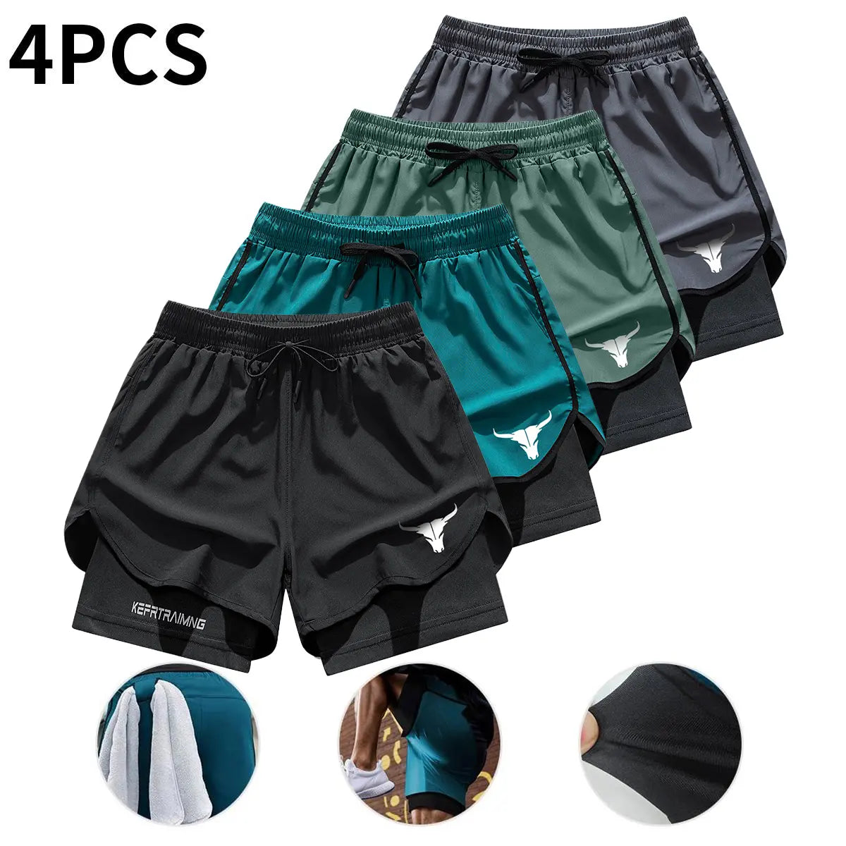 4-Pack Men's 2-in-1 Double-Layer Gym Shorts with Pockets