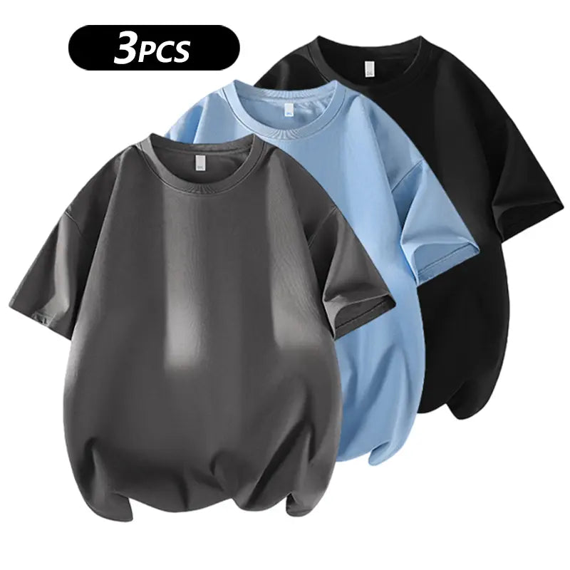 summervibes Men's 3PCS 100% cotton Crew Neck T-Shirts Set - Soft Loose Fit Navy Gray Black Tees for Casual Daily Wear Crewneck Classic
