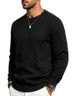 Men's Textured Checkered Knit Sweatshirt, Crew Neck Long Sleeve, Soft Lightweight Casual Top, Minimalist Fall/Winter Knitwear
