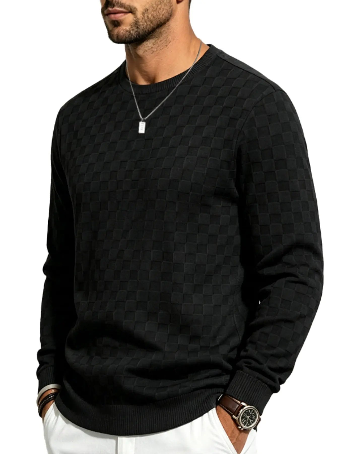 Men's Textured Checkered Knit Sweatshirt, Crew Neck Long Sleeve, Soft Lightweight Casual Top, Minimalist Fall/Winter Knitwear