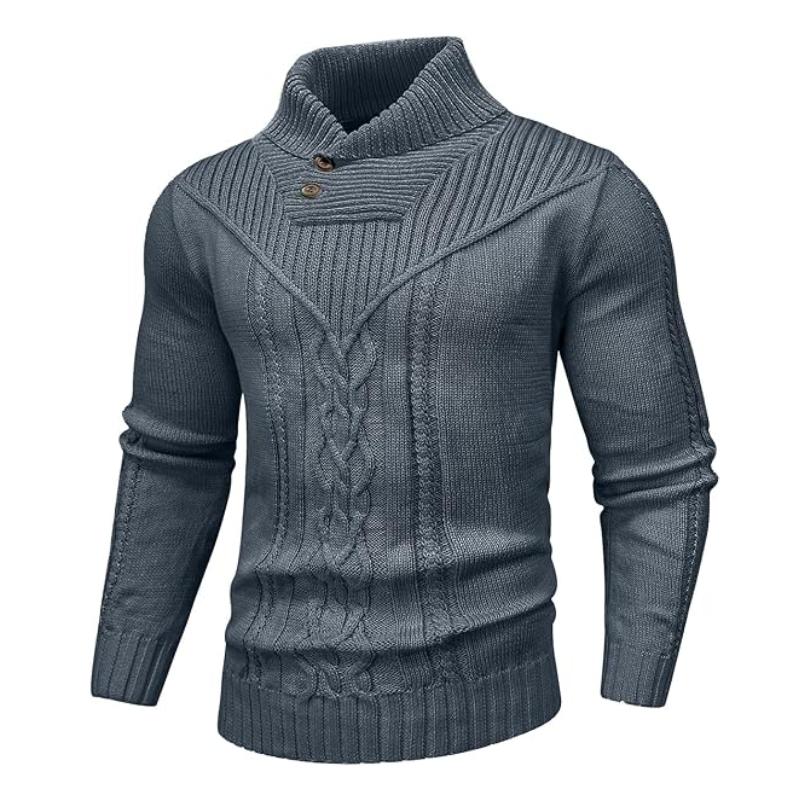 Wizoat Men's Clothing Long Sleeve Shawl Collar Cable Knit Button Fit Knitted Pullover Knitwear - Plain Black, Soft, Relaxed-Fit, Ribbed Cuffs Casual Top, Warm Fall Winter Layer for Daily Office, Matches Shirts Jeans, Hand Wash,sohochic
