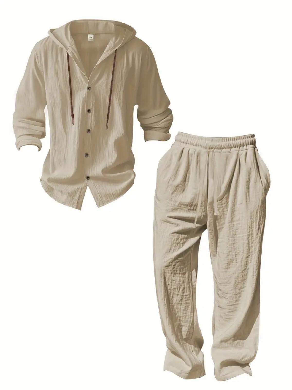 2-Piece Set Men's lightweight Trendy Hooded，Made From Soft Linen，Casual Vacation Style, Loose Fit Breathable Fabric,Long Hoodie & Wide-Leg Pants, Summer Wear outdoorfun Sweatshirt Clothes Fashion Trouser