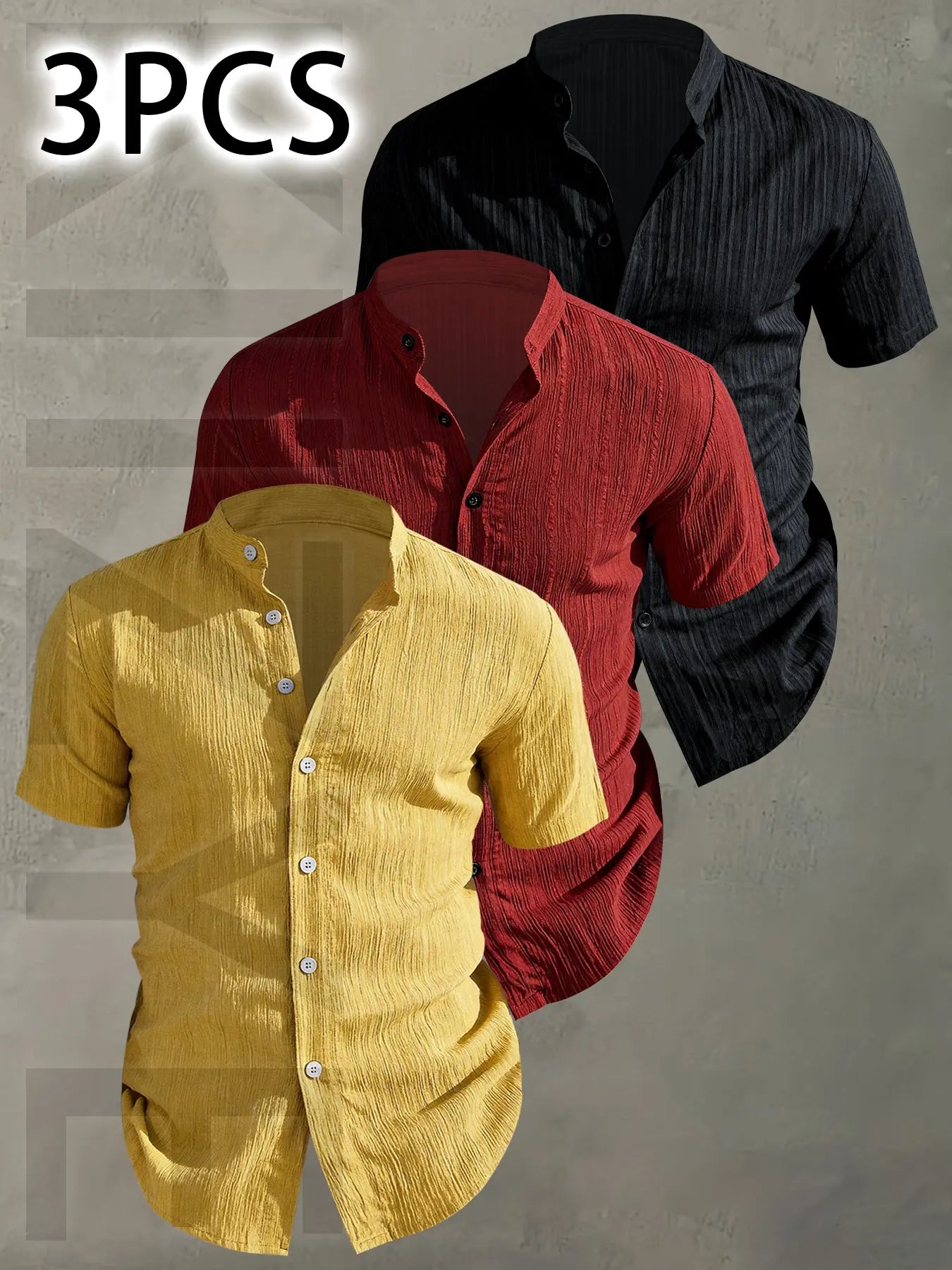 3pcs Men's Summer Lightweight Casual Button-Up Shirts with Stand Collar