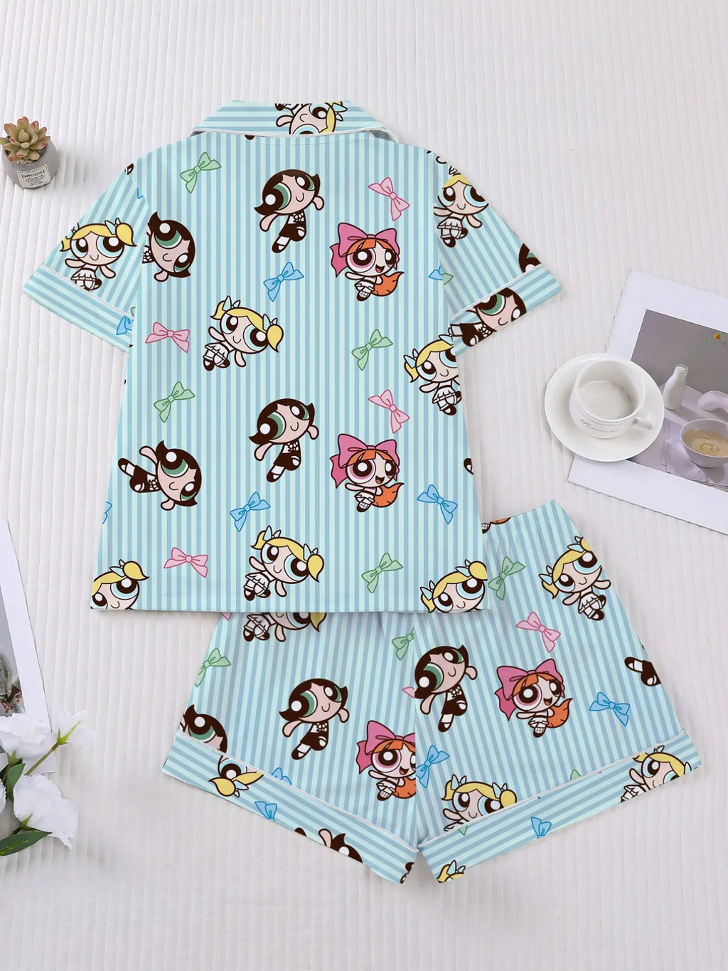 Women's Cartoon Print Short Sleeve Pajama Set with Shorts