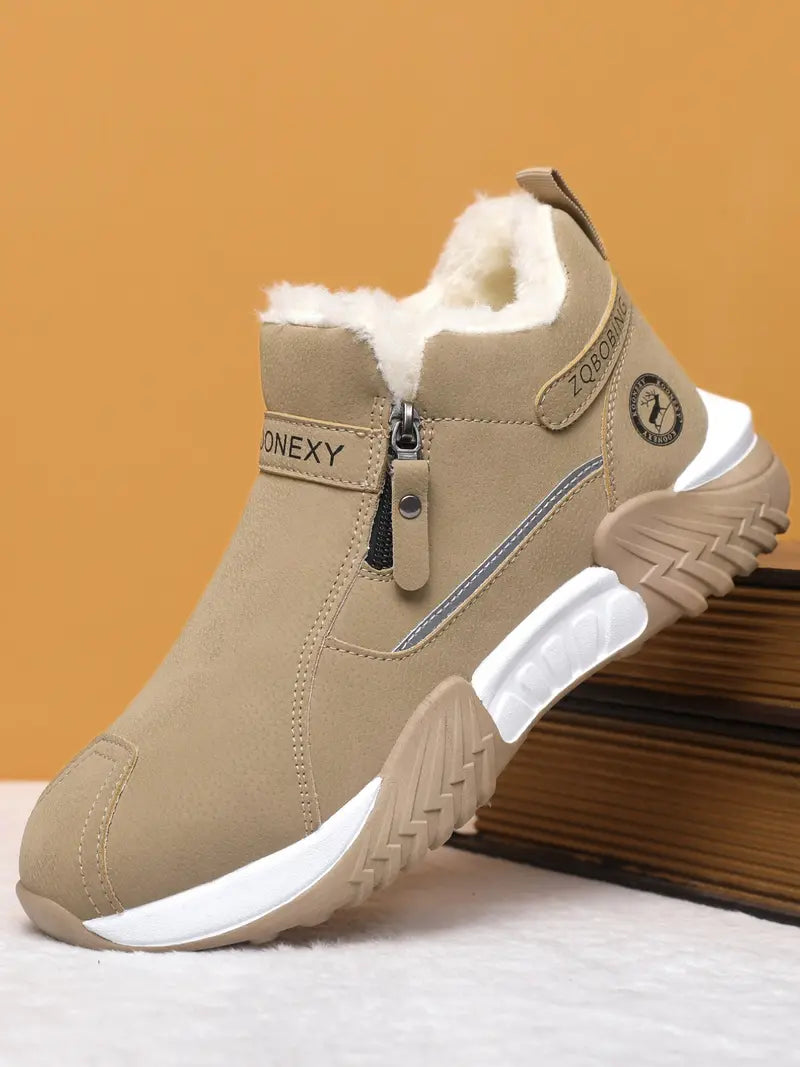 Unisex Winter Snow Casual Ankle Boots, Suede-Look Upper, Side Zip, Fleece-Lined Warm, Thick PVC Sole