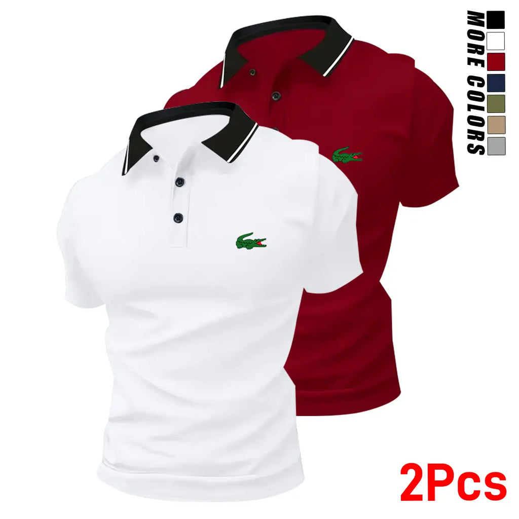 Men’s stylish polo shirt set featuring a small green crocodile print (2 pieces). Fashionable business-casual polo shirts with turn-down collars—comfortable, breathable short sleeves for summer; ideal as a gift.,back to school,back to school shopping